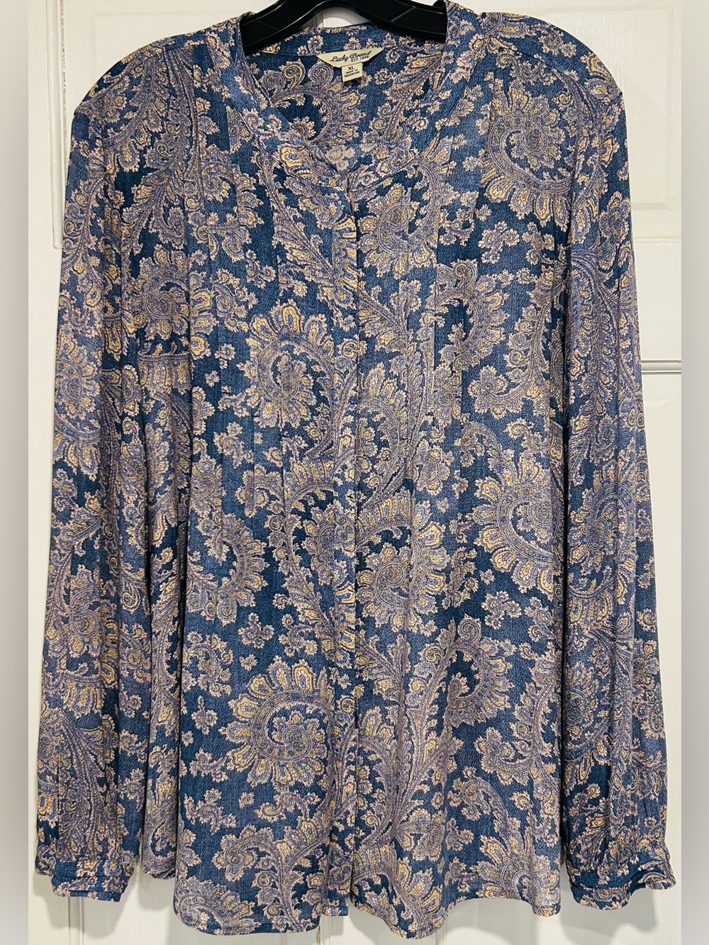 Lucky Brand Paisley Peasant Blouse XL Blue Peach Yellow 100% Rayon Boho Top